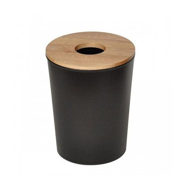 accessoire salle de bain masculine poubelle élégante noir et bois couvercle pratique