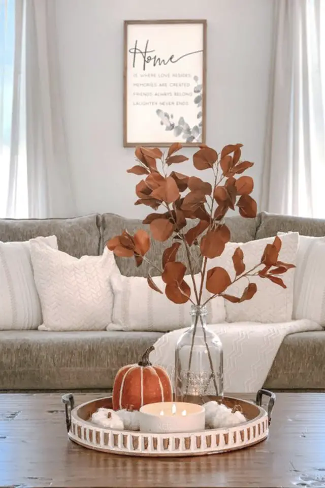 deco vase feuille foret automne table basse salon vase transparent feuillage orange