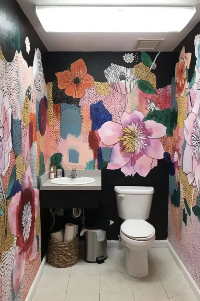 decoration motif floral couleurs décor mural peinture fresque salle de bain toilette