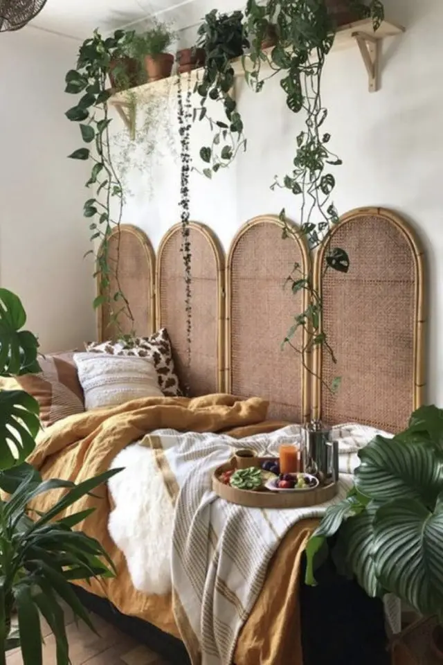 exemple decoration moderne paravent cannage appartement mur chambre à coucher plantes