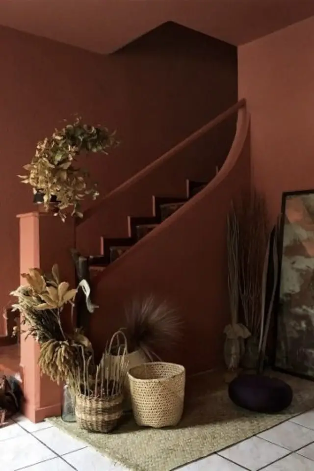 exemple entree hyper coloree escaliers peinture terracotta