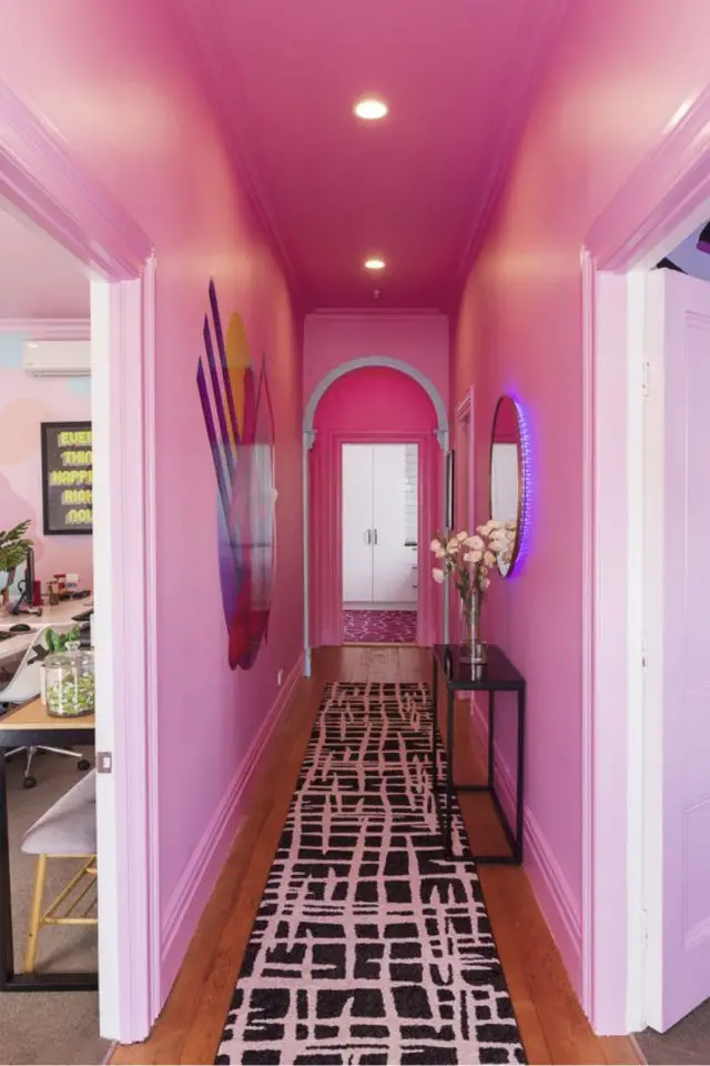 exemple entree hyper coloree color block rose néon peinture plafond et mur