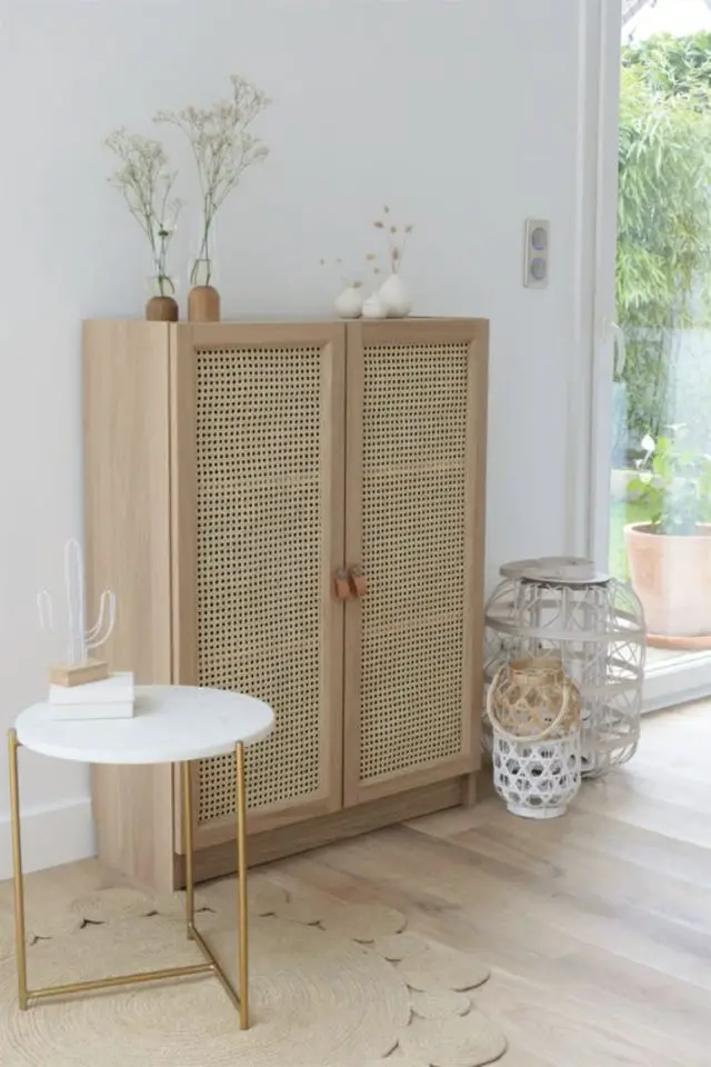 exemple ikea hack meuble bas bois porte cannage fait main DIY