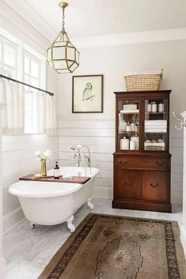 meuble vintage bois salle de bain rangement haut vitrine bahut