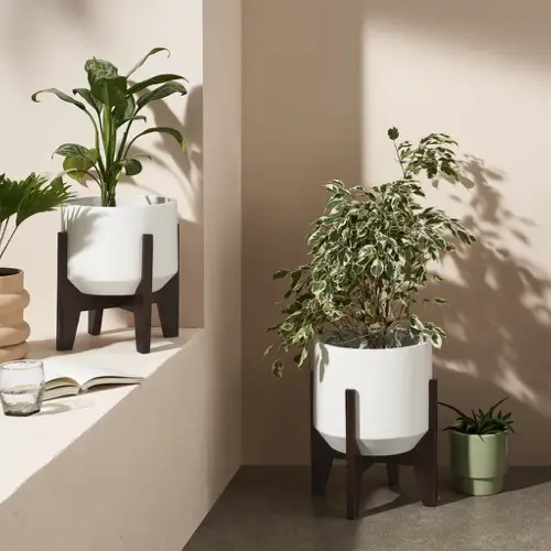 deco meuble minimaliste elegant Lot de 2 grands cache-pots, fibre de ciment blanc naturel et acacia