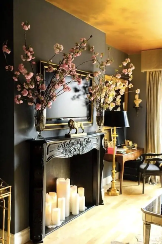exemple bougie deco cheminee ambiance classique chic noir salon séjour