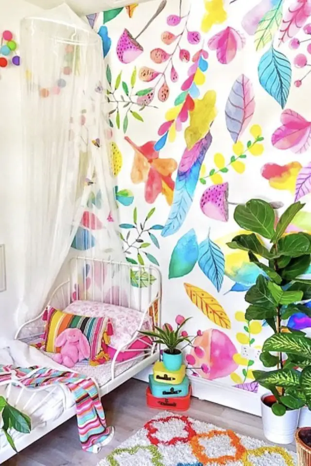 exemple chambre enfant multicolore revêtement mural papier peint feuilles colorées