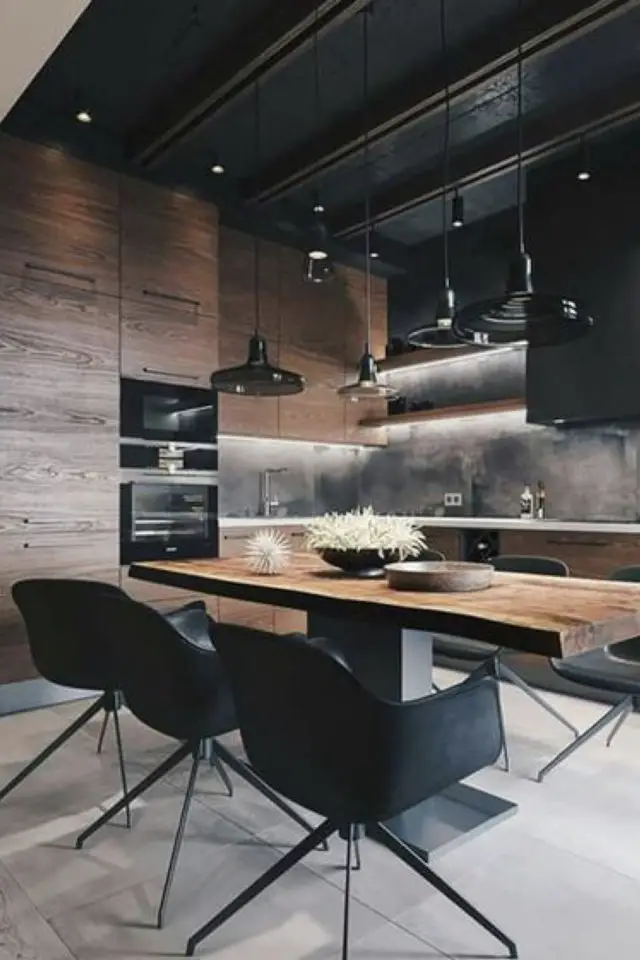 exemple cuisine style masculin grande table design bois et métal fauteuil noir