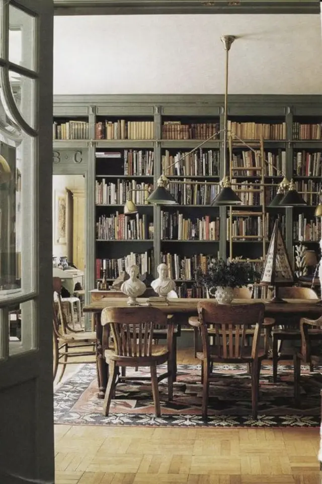 exemple deco cottage salle a manger anglais élégant bibliothèque vert olive