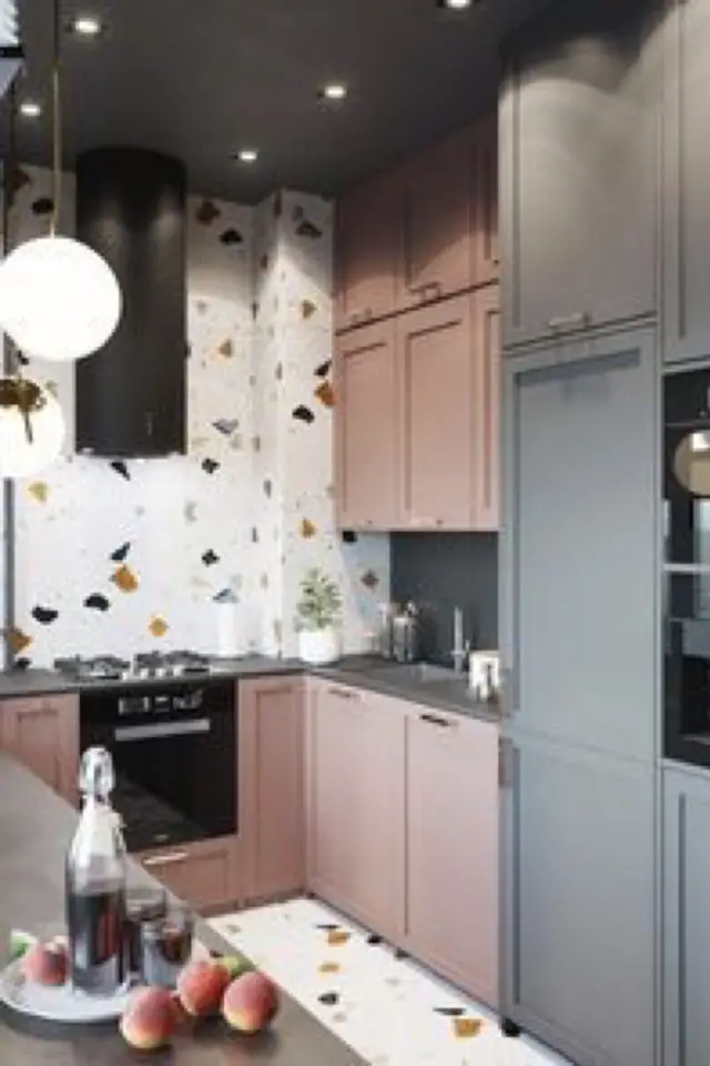 exemple terrazzo grand format cuisine mobilier gris et rose crédence revêtement mural moderne