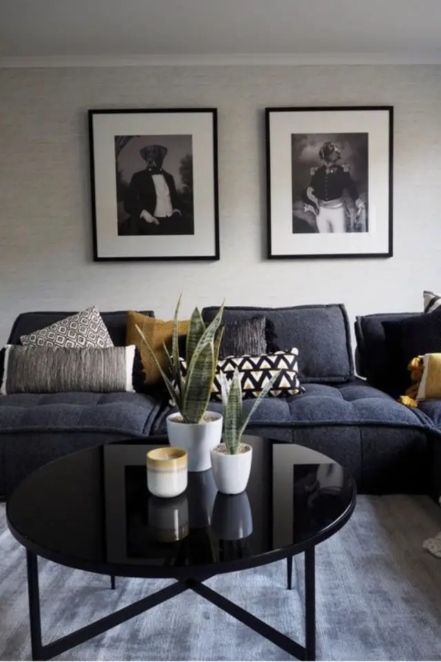 salon cosy brio lounge chair exemple couleur bleu gris noir sombre canapé modulable moderne gros coussin