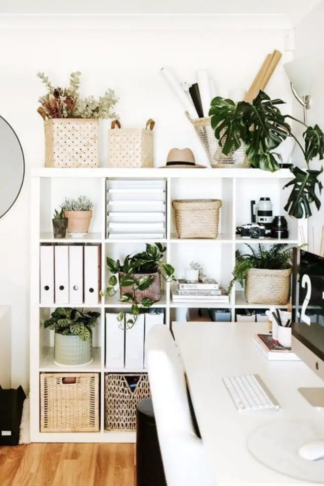 teletravail bien etre plante verte bibliothèque meuble ikea à casier blanc décoration moderne