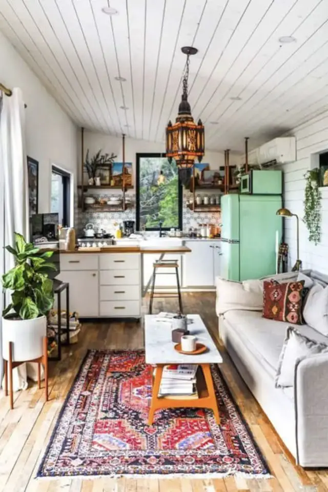 tiny house petit salon exemple prolongement cuisine tapis oriental déco bohème