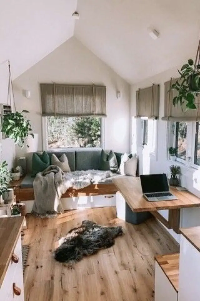 tiny house petit salon exemple canapé gris pièce blanche parquet bois
