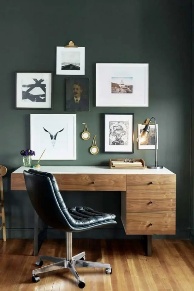 vert moderne deco bureau exemple nuance sauge meuble à tiroir fauteuil en cuir