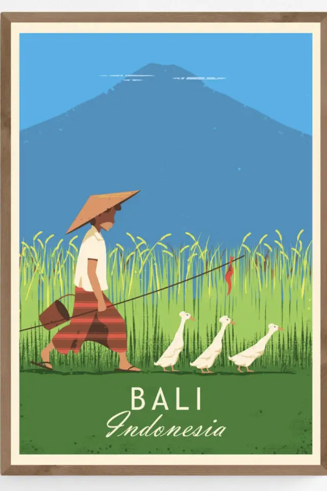 Ou trouver affiche voyage Indonésie paysan jeune garçon canards rizière 