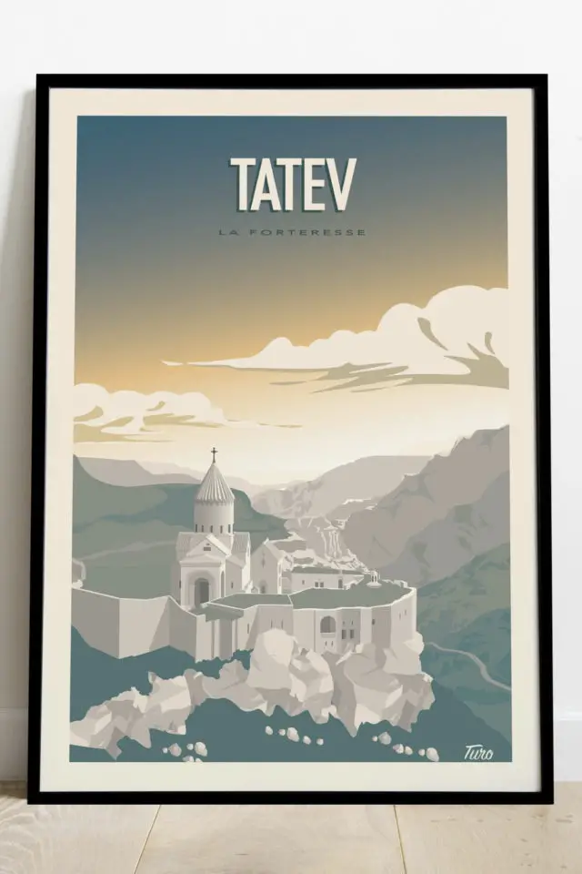 Ou trouver poster vintage voyage Arménie monastère Tatev montagnes nuages