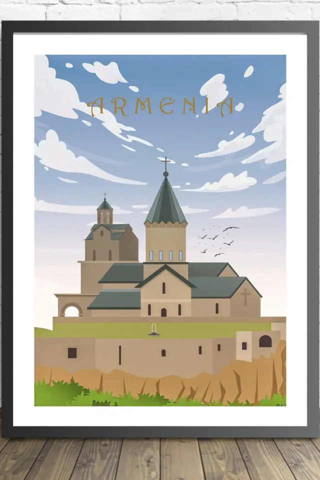 Ou trouver poster vintage voyage Arménie monastère Tatev nuages montagnes