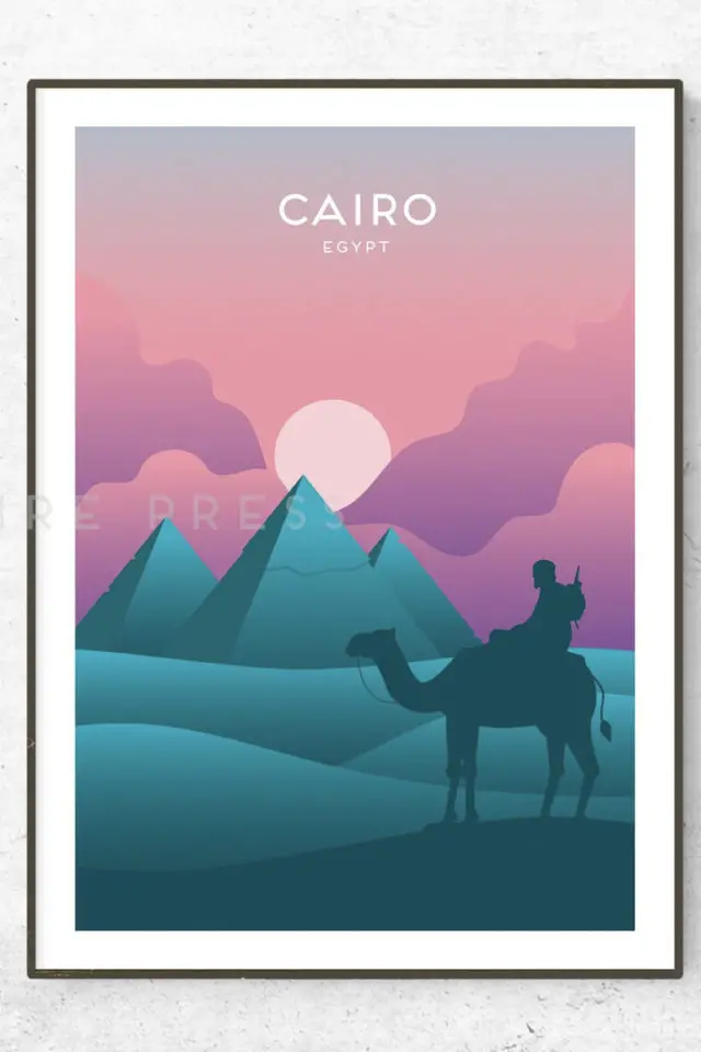 Ou trouver poster vintage voyage Egypte Le Caire pyramides coucher de soleil désert 