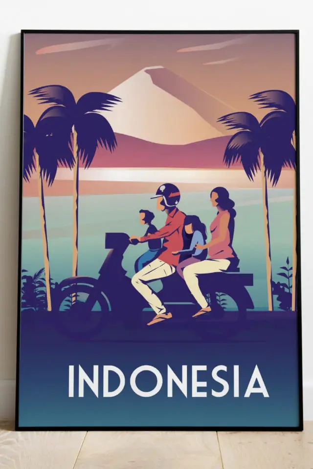 Ou trouver poster vintage voyage Indonésie famille en scooter plage palmier