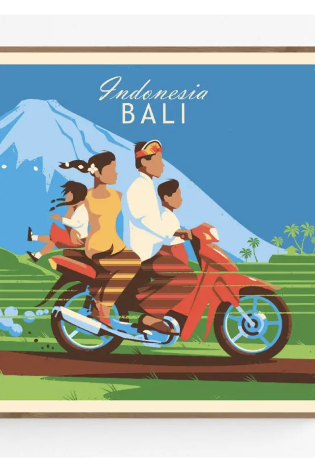 Ou trouver poster vintage voyage Indonésie scooter famille Bali rizière