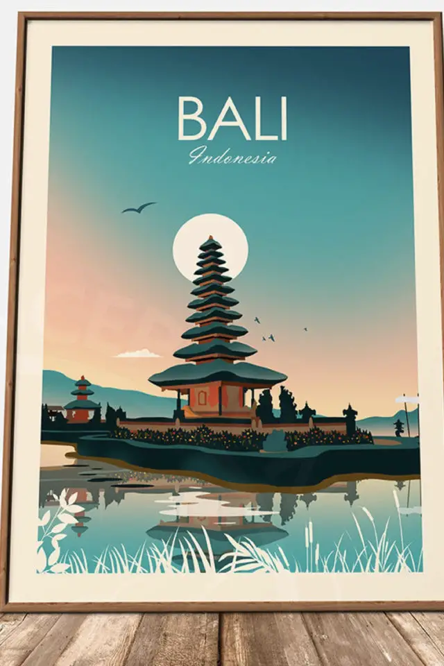 Ou trouver poster vintage voyage Indonésie Bali pagode coucher de soleil