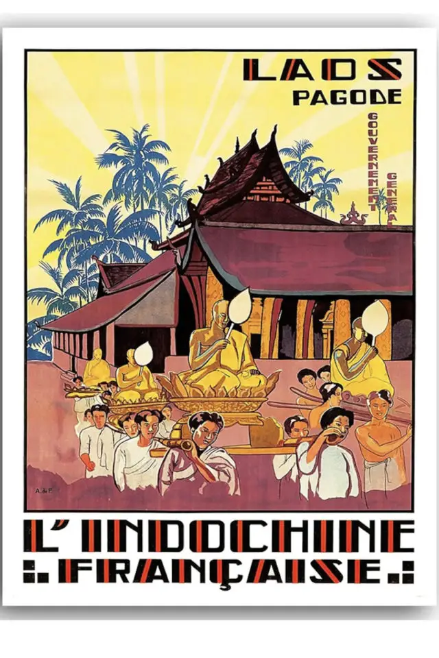 Ou trouver poster vintage voyage Laos affiche vintage Indochine française moines bouddhistes