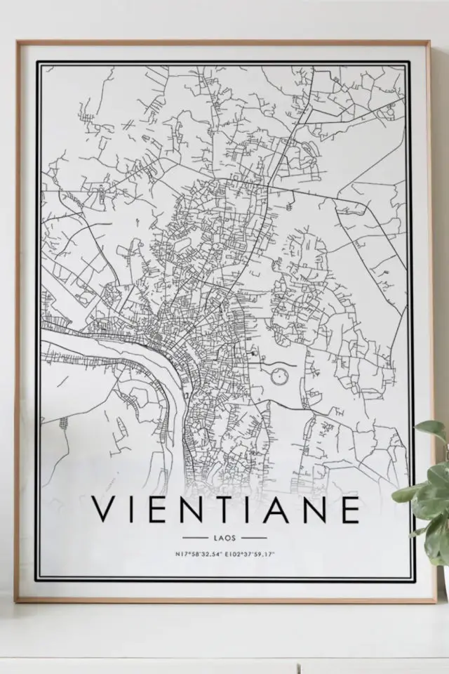 Ou trouver poster vintage voyage Laos carte Vientiane noir et blanc 