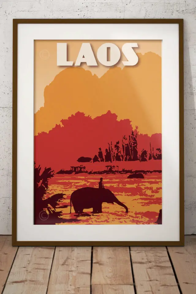 Ou trouver poster vintage voyage Laos affiche Laos paysage éléphant coucher de soleil