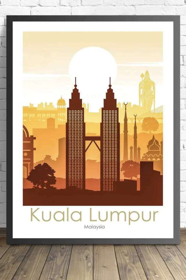 Ou trouver poster vintage voyage Malaisie affiche kuala lumpur petronas towers sunset coucher de soleil