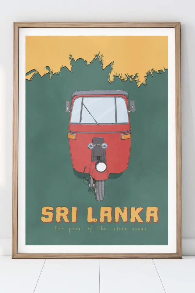 Ou trouver poster vintage voyage Sri Lanka tuktuk rouge minimaliste 