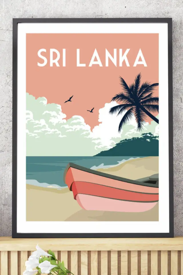 Ou trouver poster vintage voyage Sri Lanka plage bateau minimaliste 