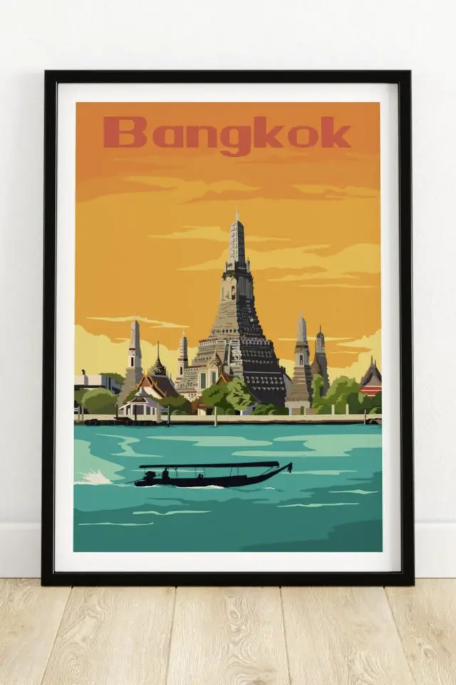 Ou trouver poster vintage voyage  Thailande affiche Bangkok rivière bateau