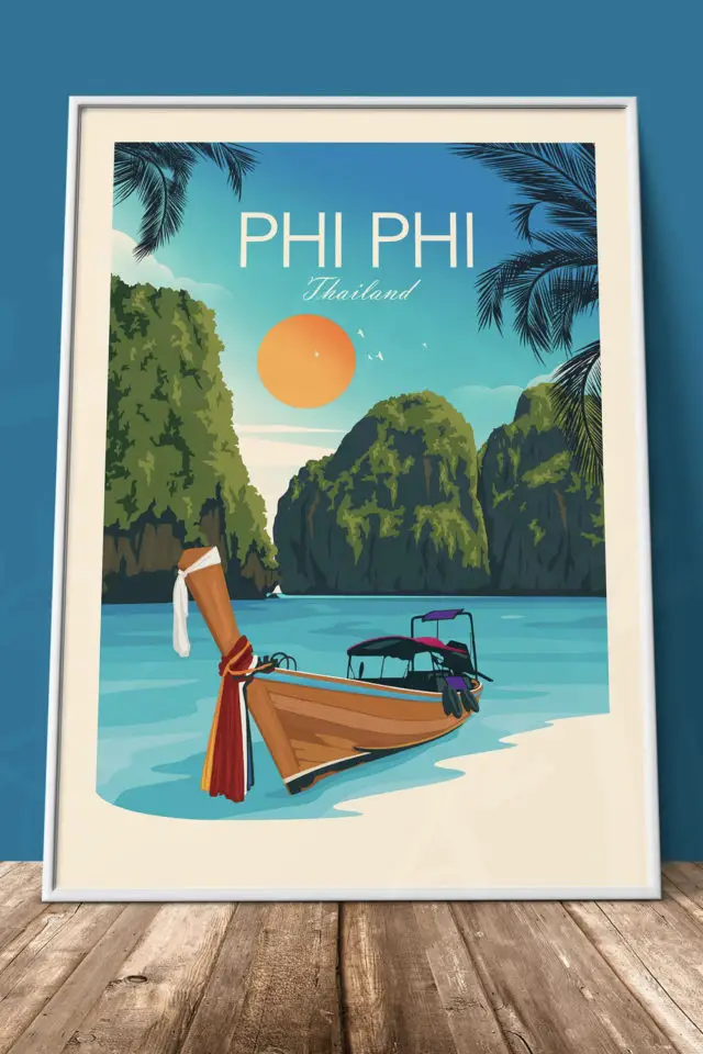 Ou trouver poster vintage voyage  Thailande affiche île paradisiaque Koh Phi Phi débarquement plage de rêve