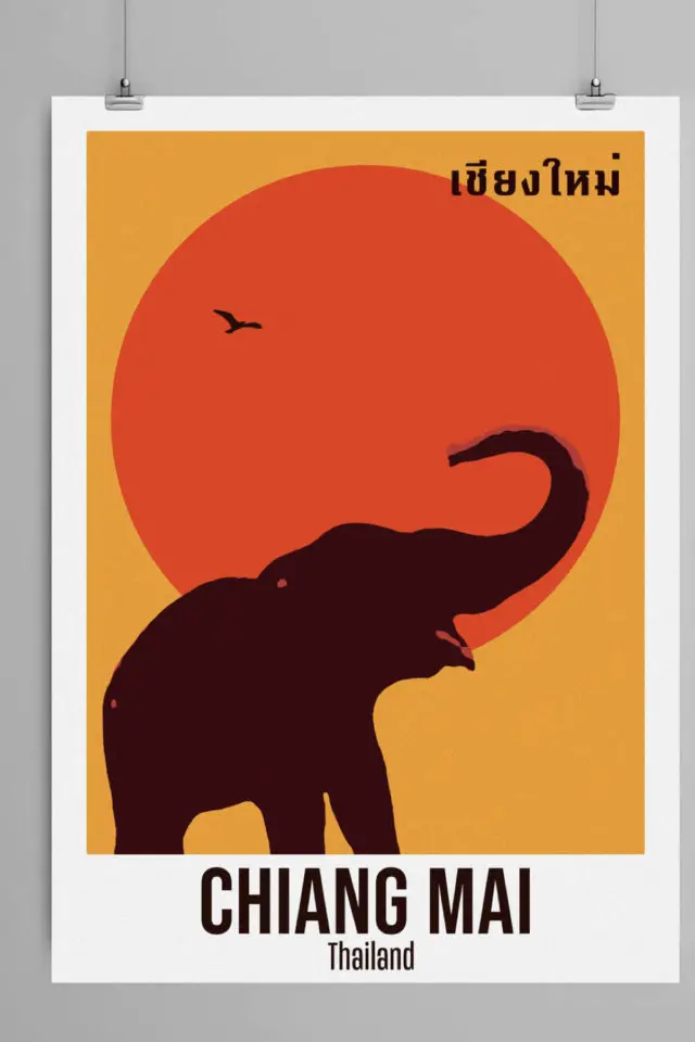 Ou trouver poster vintage voyage  Thailande affiche éléphant Chiang Mai soleil