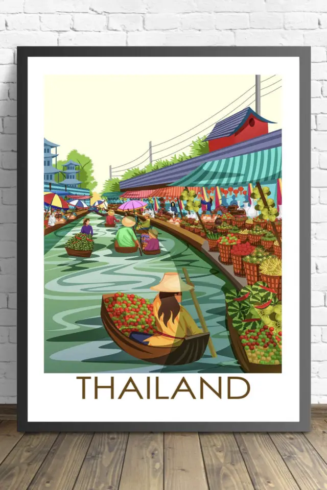 Ou trouver poster vintage voyage  Thailande affiche marché flottant fruits et légumes
