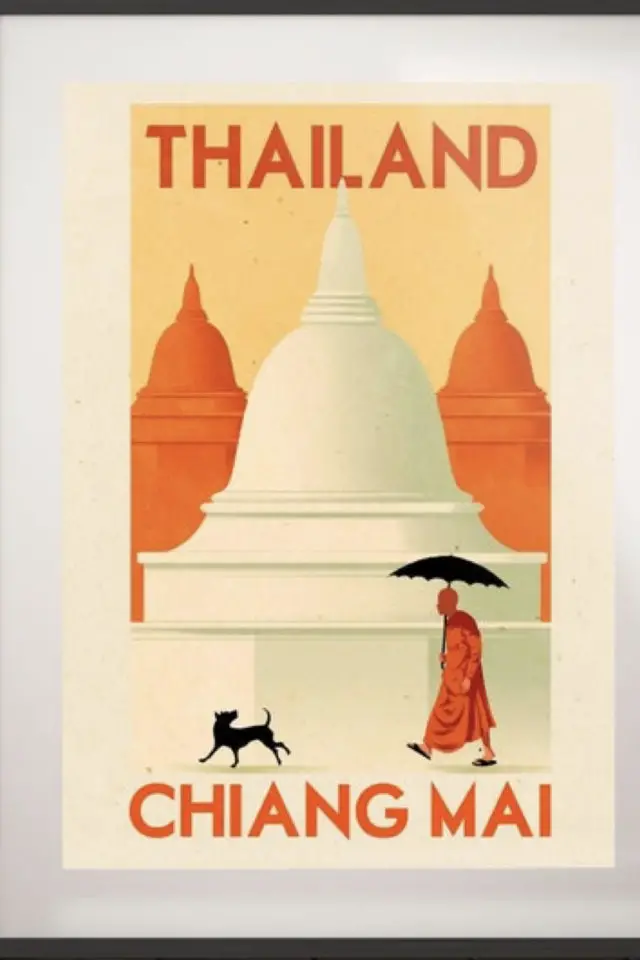 Ou trouver poster vintage voyage  Thailande affiche moine bouddhiste Chiang Mai