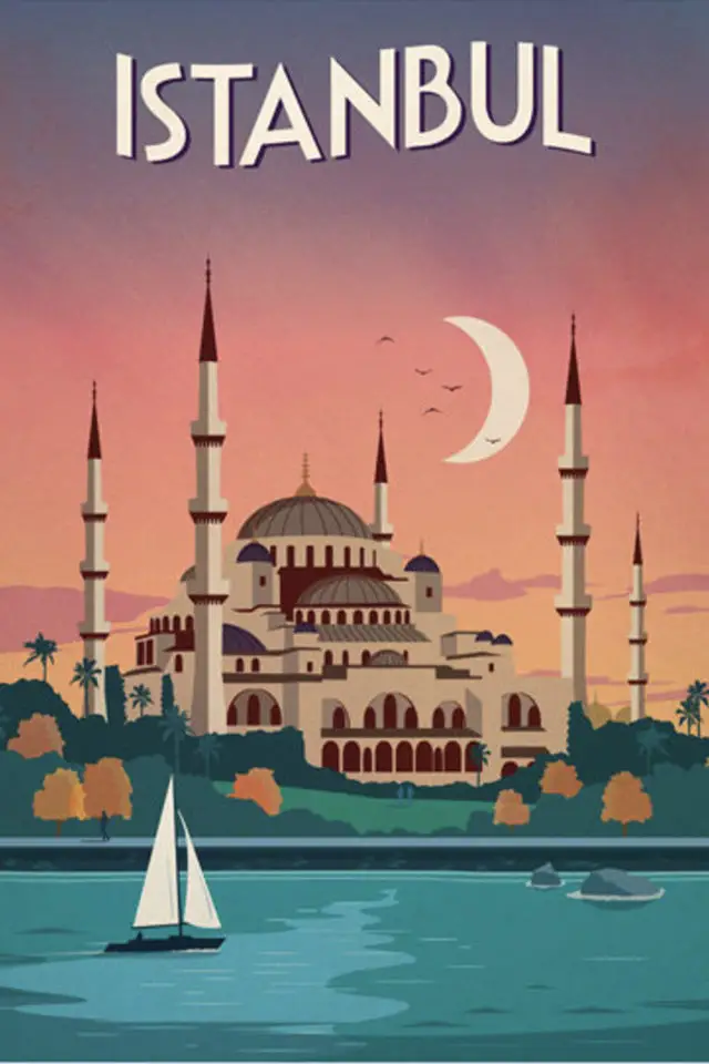 Ou trouver poster vintage voyage Turquie Istanbul mosquée lune 