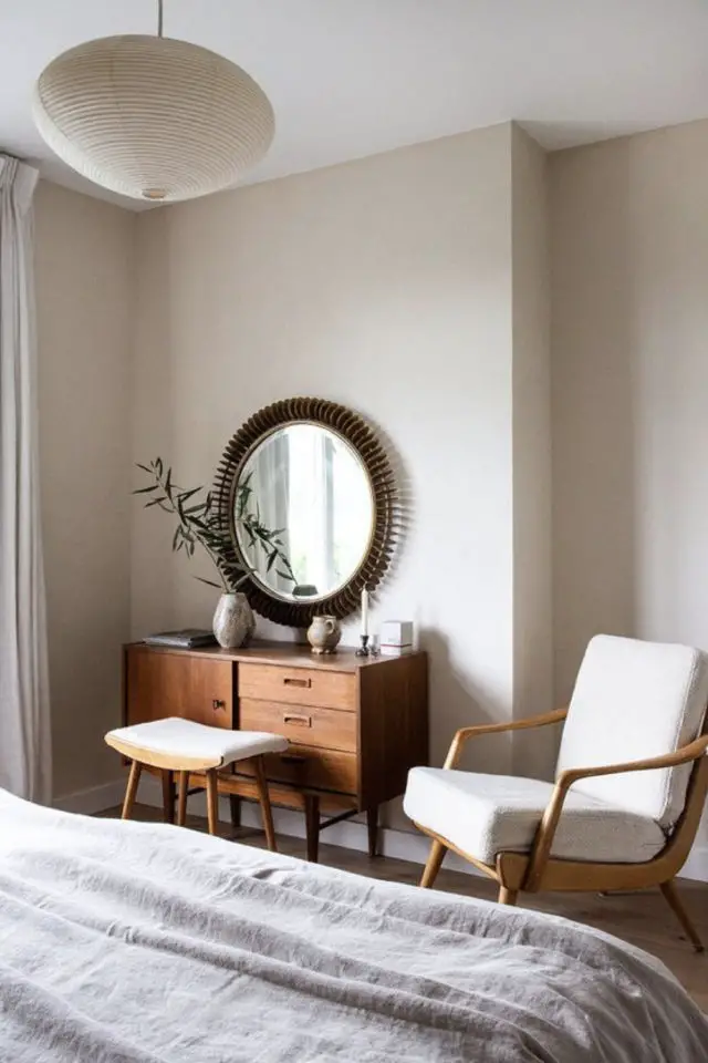 ambiance vintage mobilier annee 50 exemple chambre à coucher commode transformée en coiffeuse miroir rond