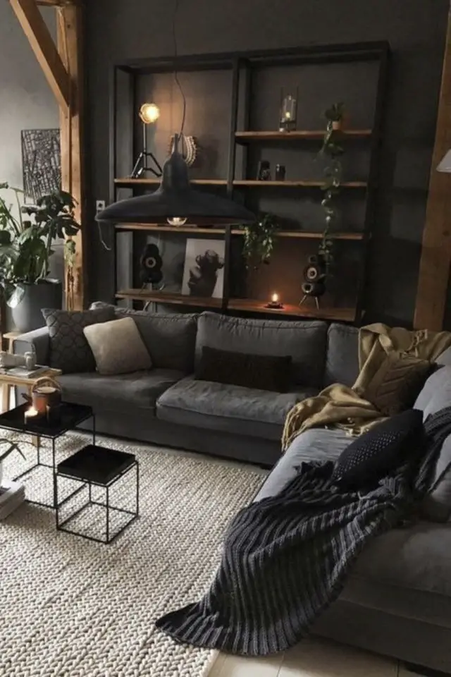 couleur noir deco salon exemple canapé d'angle sombre bois peinture