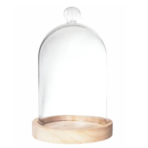 deco maison noel zodio Cloche en verre transparente avec socle en bois H 19cm