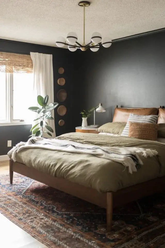 decor masculin materiaux couleurs exemple chambre adulte mur peinture noire parure de lit couleur naturelles