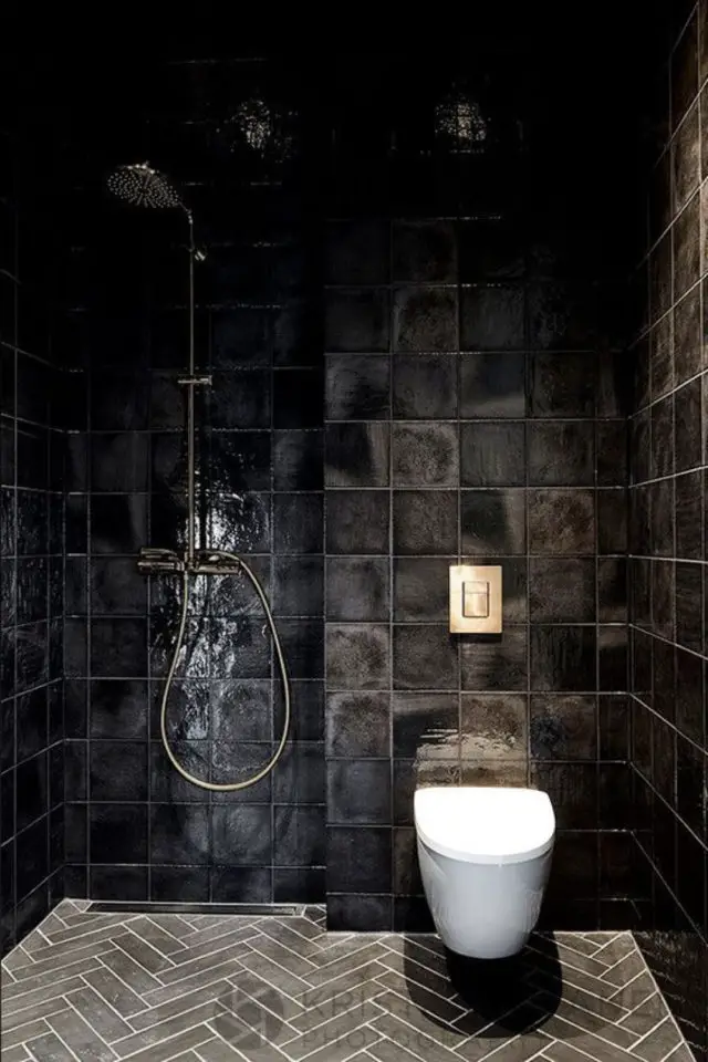 decor masculin materiaux couleurs exemple salle de bain carrelage noir élégant Zelliges toilettes