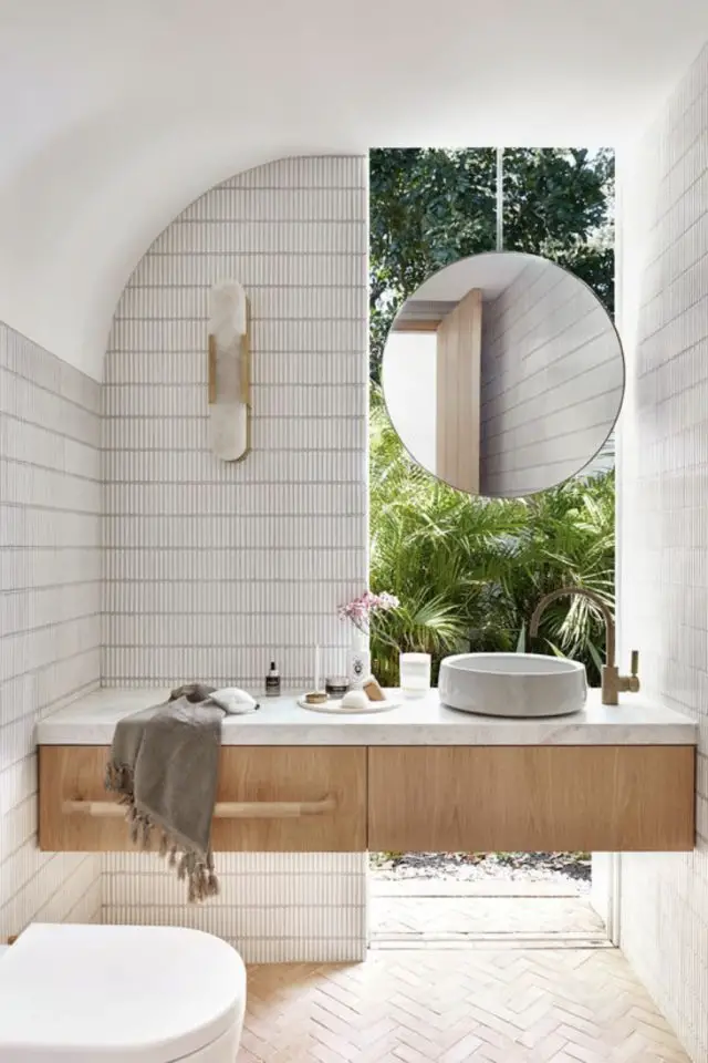 decoration tendance incurve rond salle de bain moderne lumineuse miroir rond vasque faïence