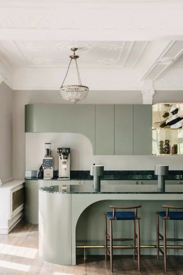 decoration tendance incurve rond mobilier de cuisine arrondi moderne vert sauge