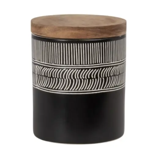 element decoratif style masculin Pot en grès noir et écru et couvercle en acacia H11
