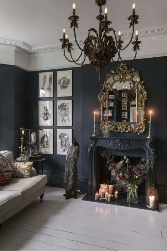 exemple deco style gothique salon couleur sombre peinture cheminée lustre