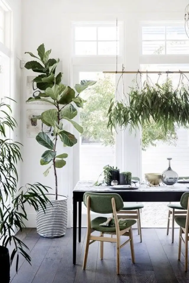 interieur tendance decoration plante salle à manger blanche lumineuse plantes suspendues dessus table