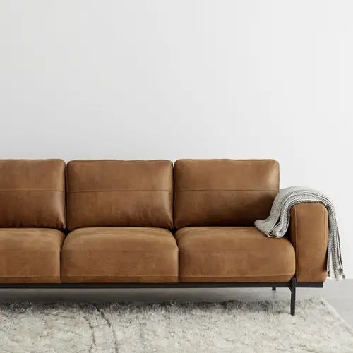 meuble decoration materiaux masculins Canapé 3 places, cuir premium brun clair et métal noir