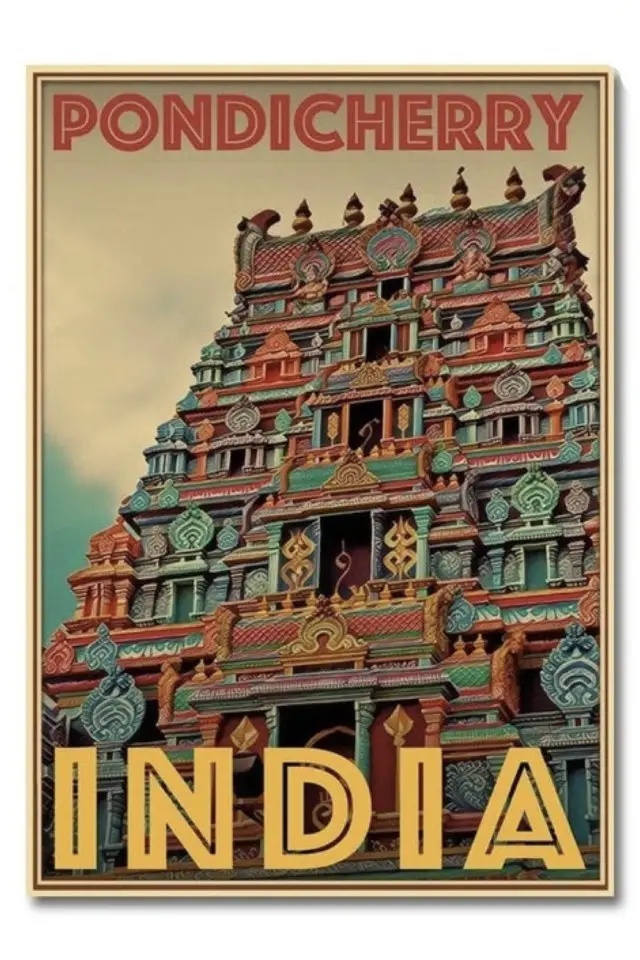 ou trouver affiche voyage inde Pondicherry temple tamoule illustration poster déco